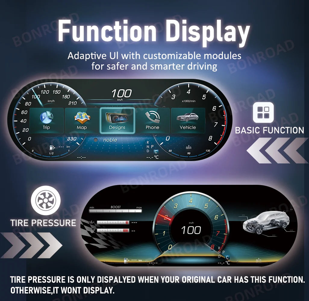 BONROAD 12.3‘’  LCD Digital Dashboard  Wireless CarPlay Android auto Panel Cluster For Mercedes Benz C CLASS GLC W205 Speedometer Virtuele Cockpit Voor