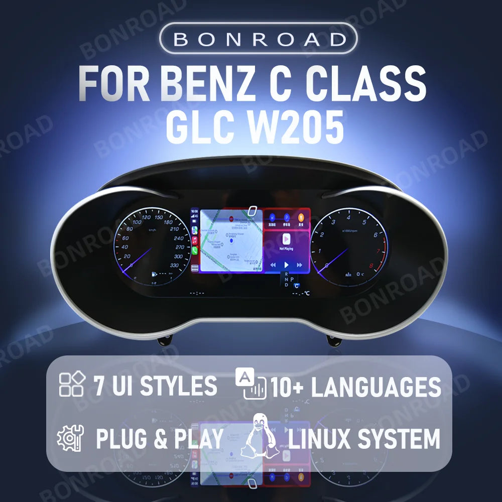 BONROAD 12.3‘’  LCD Digital Dashboard  Wireless CarPlay Android auto Panel Cluster For Mercedes Benz C CLASS GLC W205 Speedometer Virtuele Cockpit Voor