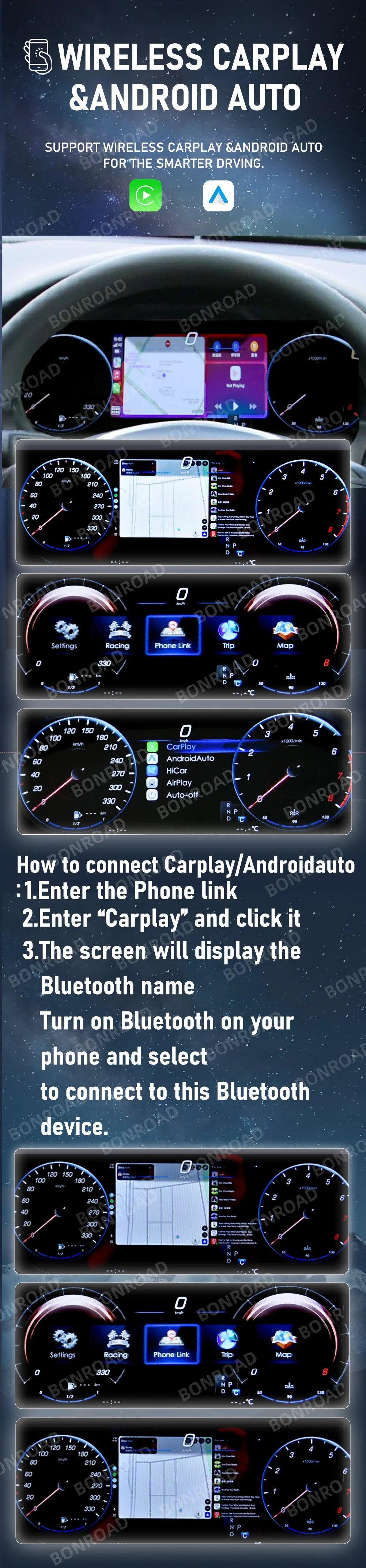 BONROAD 12.3‘’  LCD Digital Dashboard  Wireless CarPlay Android auto Panel Cluster For Mercedes Benz C CLASS GLC W205 Speedometer Virtuele Cockpit Voor