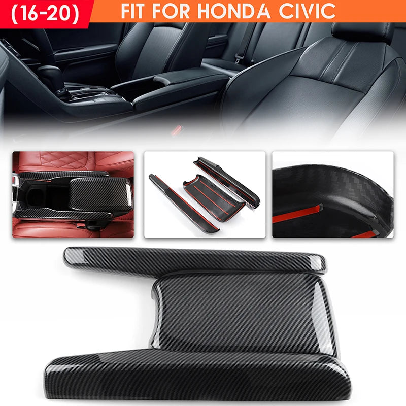 3Pcs Rhyming Car Interior Central Armrest Box Panel Protective Cover Carbon Fiber Accessories Fit For Honda Civic 10th 2016-2021