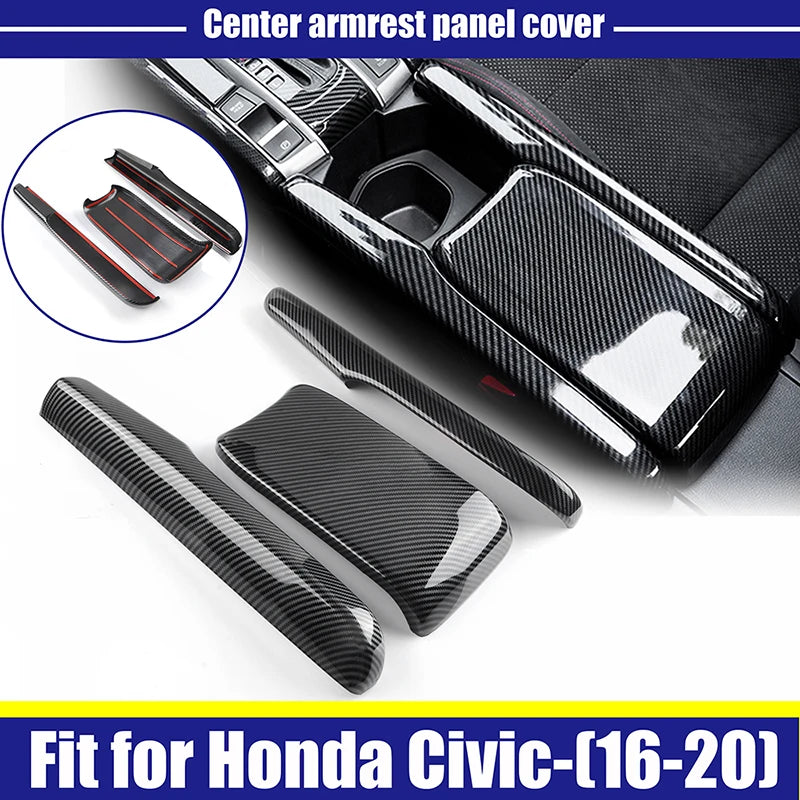 3Pcs Rhyming Car Interior Central Armrest Box Panel Protective Cover Carbon Fiber Accessories Fit For Honda Civic 10th 2016-2021