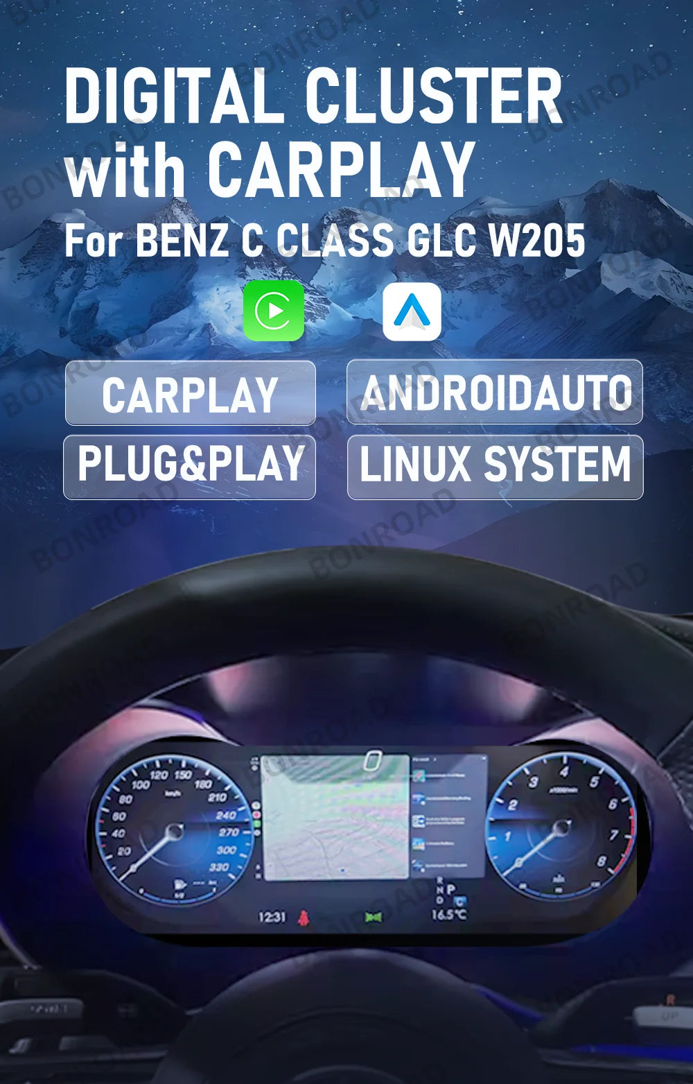BONROAD 12.3‘’  LCD Digital Dashboard  Wireless CarPlay Android auto Panel Cluster For Mercedes Benz C CLASS GLC W205 Speedometer Virtuele Cockpit Voor